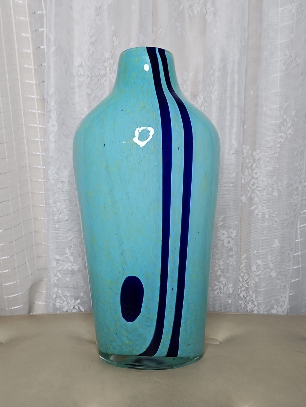 Vintage Midcentury Large Teal & Blue Art Glass Vase